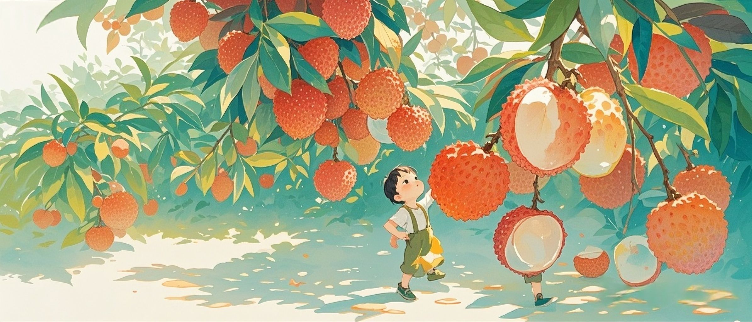 jimeng-2025-10-27-5603-荔枝叶插画，留白处多，水彩画风格透明水彩。在畫面最下方有一個極小的小孩，抬頭看荔...